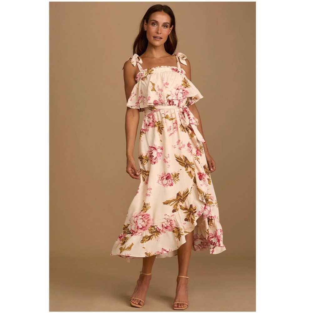 Lulu’s Timeless Love Blush Floral Print Ruffled Tie-Strap Midi Dress